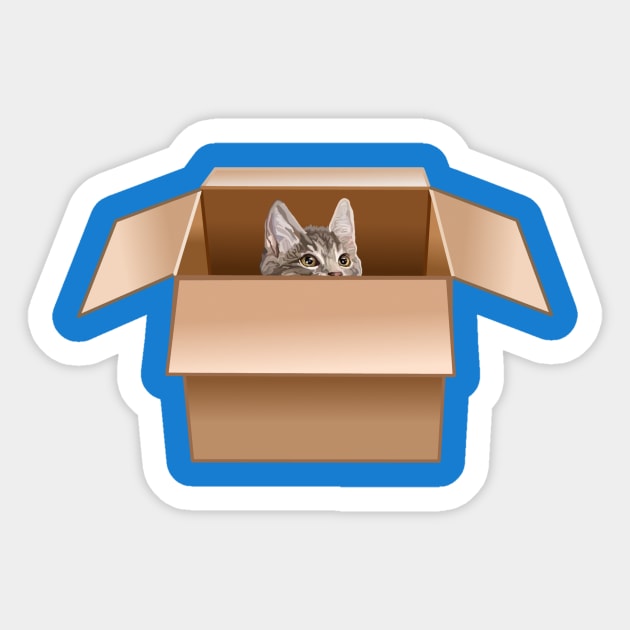 Tabby Kitten Peeking from Cardboard Box Sticker by Art by Deborah Camp